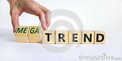 Trend or megatrend symbol. Businessman turns wooden cubes and changes words trend to megatrend. Beautiful white table, white Stock Photo