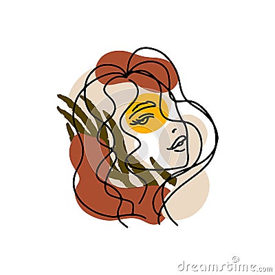 Trend portrait of a woman with palm leaves and abstract terracotta, beige and yellow spots. Hand drawn minimalistic Vector Illustration