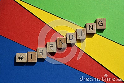 Hashtag trending, word on multicoloured background Stock Photo