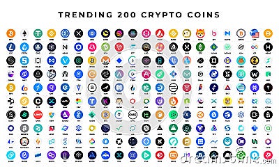 Trending 200 crypto coins. Digital cryptocurrency, DeFi, token icons set. Vector Illustration