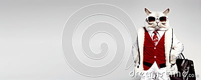 Trending Fancy white cat wearing Santa Claus clothes , hat and sunglasses Stock Photo