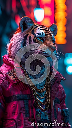 Trendsetting tiger in a bomber jacket, accessorized with gold chains, against a graffiti-filled Stock Photo