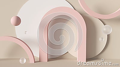 Trendy abstract 3D render beige and pink background with arch and spheres Stock Photo