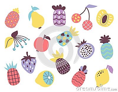 Trendy abstract fruits. Decorative contemporary pineapple, apple, cherry and lemon. Fresh juicy berries, colorful Vector Illustration