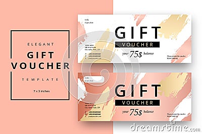 Trendy abstract gift voucher card templates. Modern discount coupon or certificate layout with artistic stroke pattern. Vector fa Vector Illustration