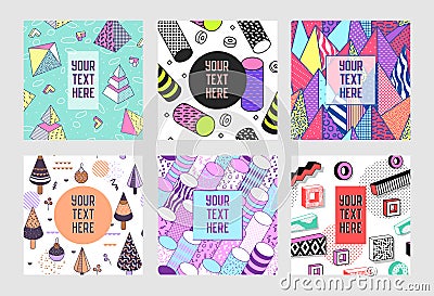 Trendy Abstract Memphis Poster Templates Set with Place for your Text. Hipster Geometric Banners Backgrounds 80-90 Vintage Style Vector Illustration
