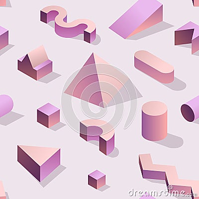 Trendy Abstract Memphis Seamless Pattern with 3d Geometric Shapes. Fashion Background for Textile, Print, Cover, Poster Vector Illustration