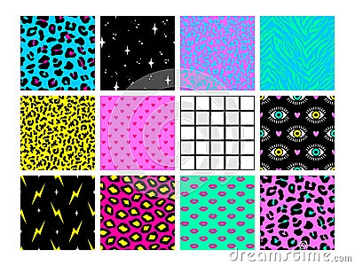 Set of seamless patterns in trendy acid psychedelic cosmic style. Vector Illustration