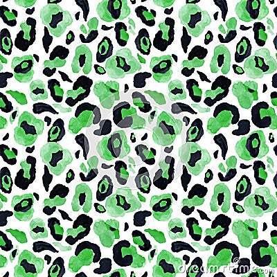 Trendy Animal skin seamless pattern on white background.Watercolor hand painted leopard or cheetah print with green and black spot Stock Photo