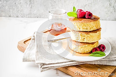 Trendy asian food, Fluffy Japan souffle pancakes, hotcakes with Stock Photo