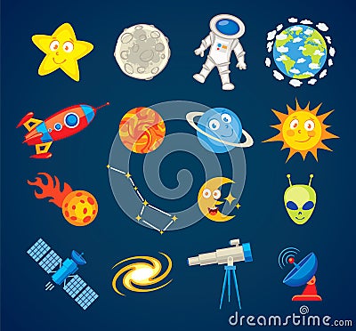 Trendy astronomy icons. Funny cartoon character Vector Illustration