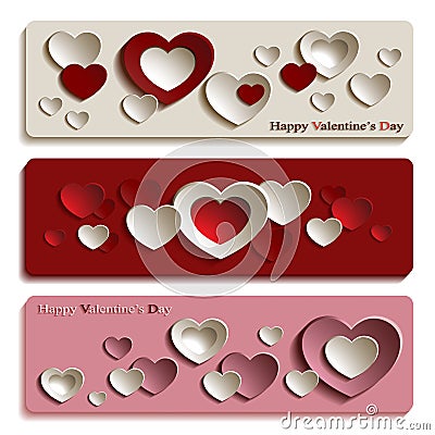 Trendy Banners for Valentine's Day with Cute Paper Hearts Vector Illustration