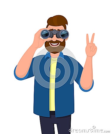 Trendy bearded man in casual wear looking through binoculars and gesturing, making victory, V, peace or number two sign with hand. Vector Illustration