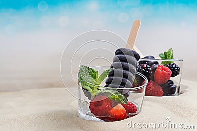 Trendy black charcoal ice cream popsicles Stock Photo