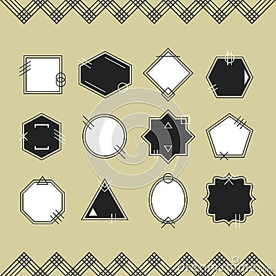 Trendy black and white blank line emblems set on beige background Vector Illustration