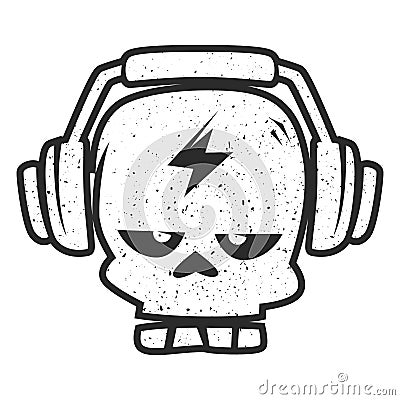 Trendy black and white hipster zombie skull wearing headphones. Design for tattoo, sticker, icon, badge Vector Illustration
