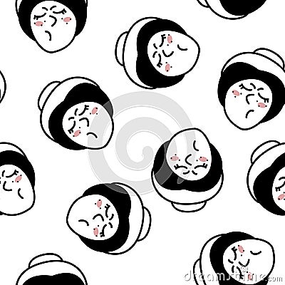 Hand drawn doodle style face of young disgruntled woman background. Trendy black and white vector seamless pattern. Vector Illustration