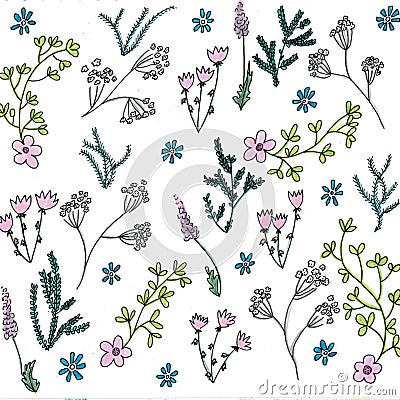 Trendy bright Summer blooming garden outline and hand painting flowers many kind of floral in seamless pattern Stock Photo
