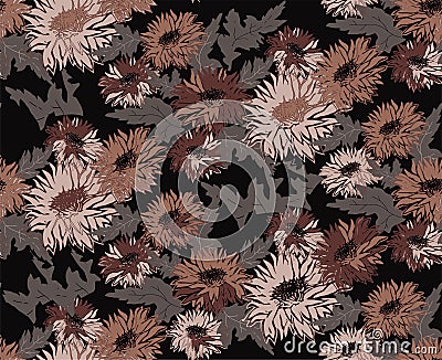 Trendy brown hand drawn seamless pattern of flowers in earth tones. Vector Illustration