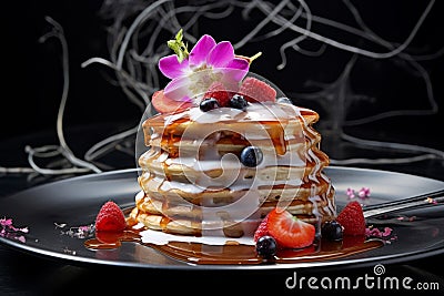 A trendy brunch spot with pancakes crepes with berries Stock Photo