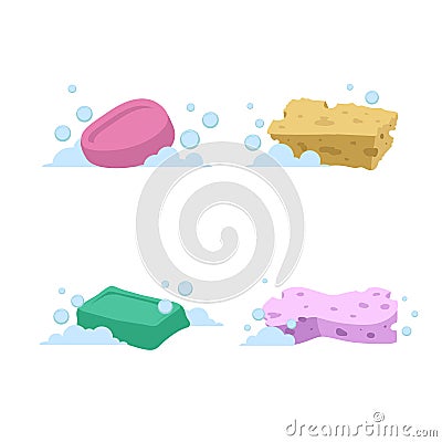 Trendy cartoon style bath and health care set. Yellow and green soap. Pink and green sponges with bubbles. Vector Illustration