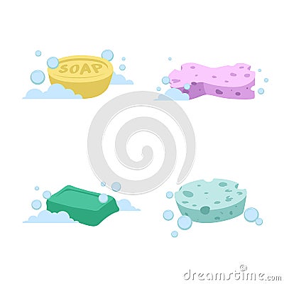Trendy cartoon style bath and health care set. Yellow and green soap. Pink and green sponges with bubbles. Vector Illustration