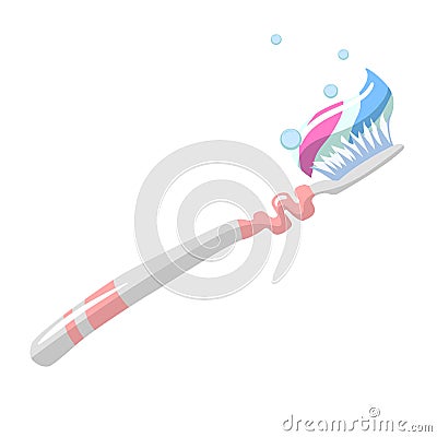 Trendy cartoon style modern toothbrush with colored toothpaste. Hygiene and every day teeth protection vector illustration. Vector Illustration