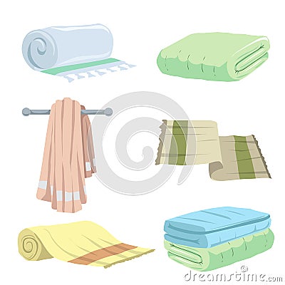 Trendy cartoon style towels icons set. Bath, home, hotel flat symbols. Vector hygiene illustration Vector Illustration
