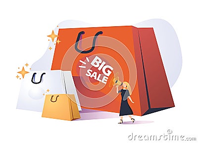 Trendy cartoon woman carry shopping bags enjoy big sale isolated on white. Colorful female shopaholic holding purchases Vector Illustration