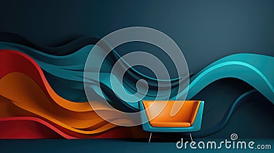Trendy colorful background with flowing 3D waves of greens, oranges, and reds with a futuristic piece of furniture. Copyspace at Stock Photo