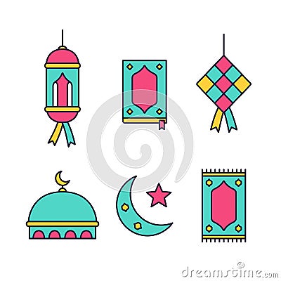 Trendy colorful ramadhan icon set with lantern lamp, al qur`an book, ketupat, mosque, prayer mat, and crescent moon Vector Illustration