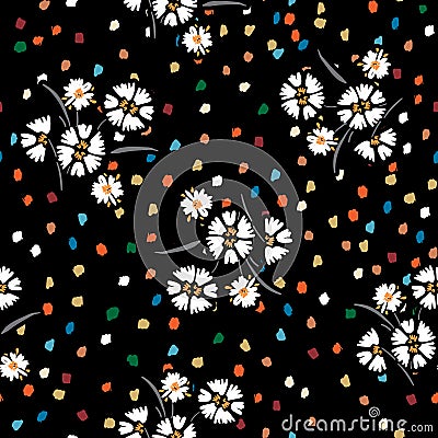 Trendy colourful hand sketch polka dots with daisy floral in small scale seamless pattern vector Vector Illustration