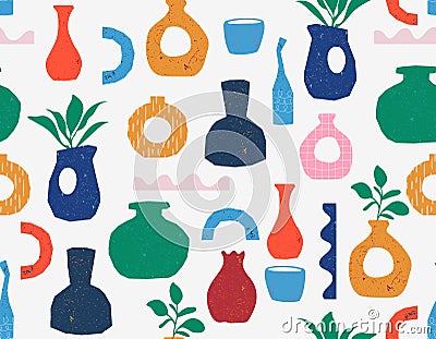 Trendy Colourful Paper cutouts , Hand drawn modern Vase design Seamless pattern with Texture Vector Illustration