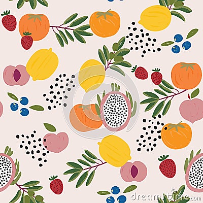 Trendy colourful of summer fruits, Mixed fruits Dragon fruits,Lemon .Berries,Orange ,Strawberry ,Peach in brush strokes style, Vector Illustration