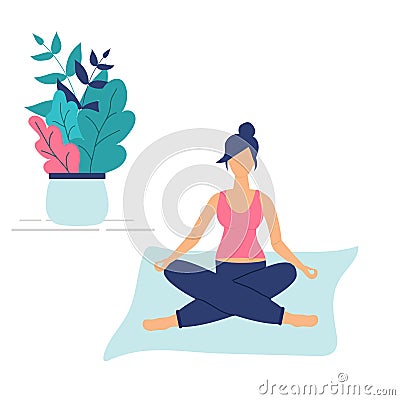 Trendy concept of fitness class:cute pregnant girl sit in yoga lotus pose.Flat Funky Figures style.Decorated beautiful leaves and Vector Illustration