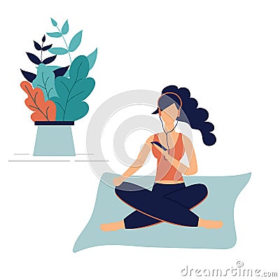 Trendy concept of fitness class and using mobile phone:girl sit in yoga pose with smart phone and headphones.Flat Funky Figures Vector Illustration