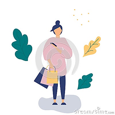 Trendy concept of shopping:girl with paper bags from store and smart phone.Flat Funky Figures style.Decorated beautiful leaves and Vector Illustration