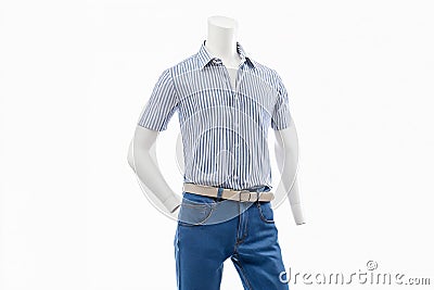 Trendy cotton Men shirt display on mannequin in clothes shop cut out on white background Stock Photo