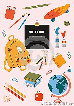 Trendy cover design on a school theme, cartoon style vector illustration. Cool design with student stationery and art Vector Illustration