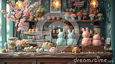 Trendy cozy cafe, decorated with Easter decorations and sweets Stock Photo