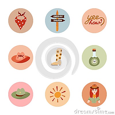 Trendy and cozy round highlights for different social media, blogs, business, branding with Wild West illustrations Vector Illustration