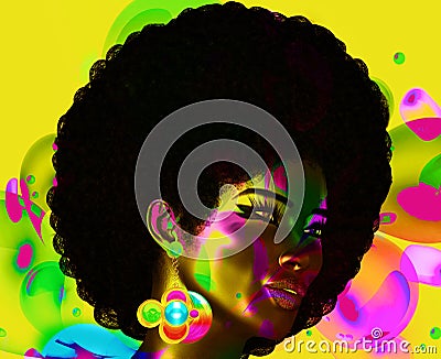 Trendy, curly African hair is worn by this realistic 3d model. She poses in front of a colorful abstract background of bubbles Stock Photo