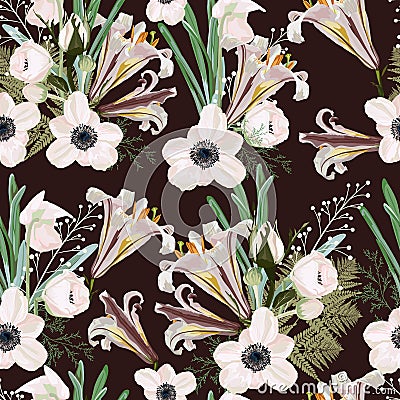 Trendy dark brown vintage Floral pattern with the many kind of flowers. Stock Photo