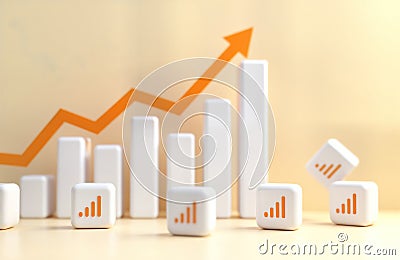 Trendy design with graphic elements of growth chart. White columns show statistic data. Orange arrow points up symbolize growth, Stock Photo