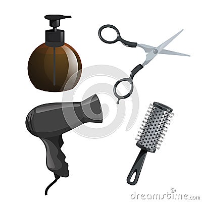 Trendy design haircare icons set. Brown container with gel, scissors, hair dryer and cylinder brush comb. Professional black hair Vector Illustration