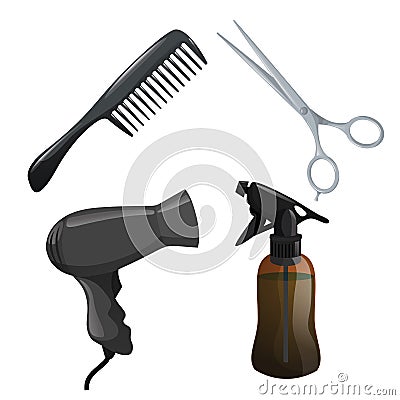 Trendy design haircare icons set. Brown container with spray, scissors, hair dryer and comb. Professional black hair styling acces Vector Illustration