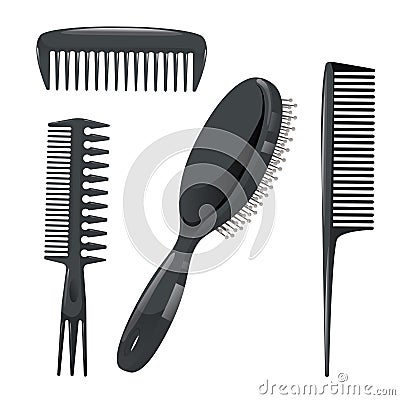 Trendy design haircare icons set. Plastic combs, massage brush professional black hair styling accessories tools. Vector Illustration