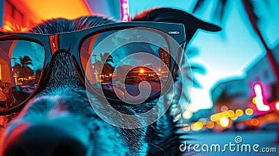 Trendy dog with mirrored sunglasses. Cool vacation vibes. Trendy fashionable neon colors Stock Photo