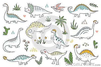 Trendy doodle dinosaurs. Cute outline dino babies set, funny cartoon dragons and Jurassic dinosaurs. Vector prehistoric Vector Illustration