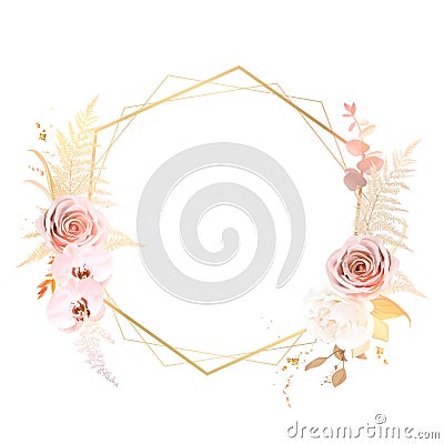 Trendy dried fern leaves, blush pink rose, pale orchid, white ranunculus, pampas grass Vector Illustration